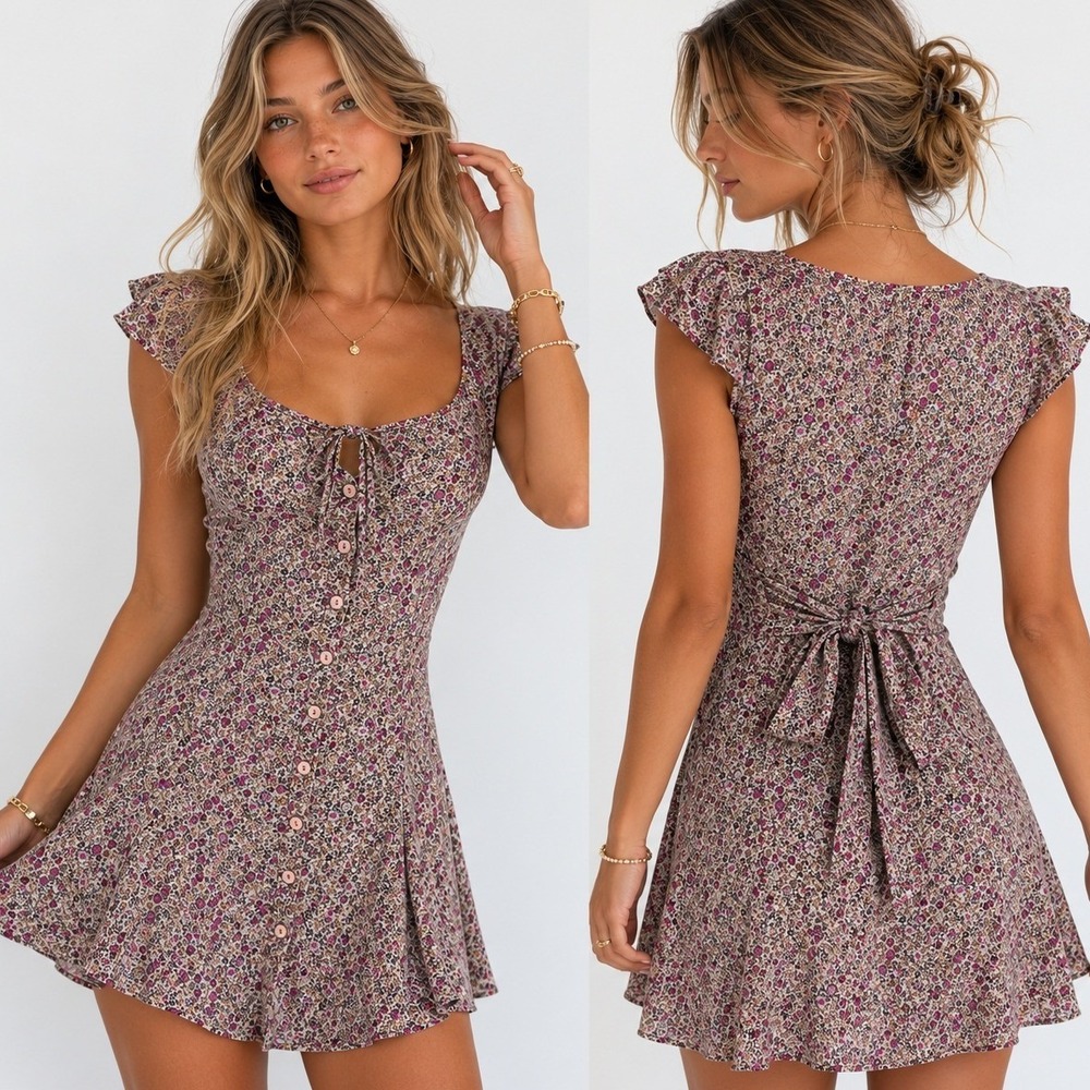 Y2K Mossimo Floral Mini‎ Dress XS Purple Pink Tie Back Boho Feminine Festival